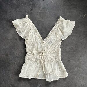 JCREW Women's Cream Ruched V-Neck Flutter Sleeve Top